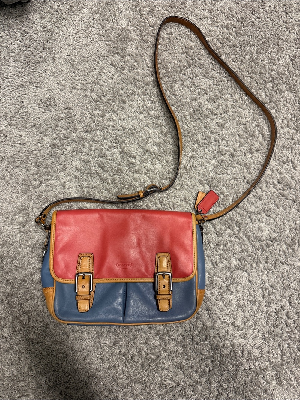 Coach Colorblock Leather Crossbody in Red, Blue & Tan